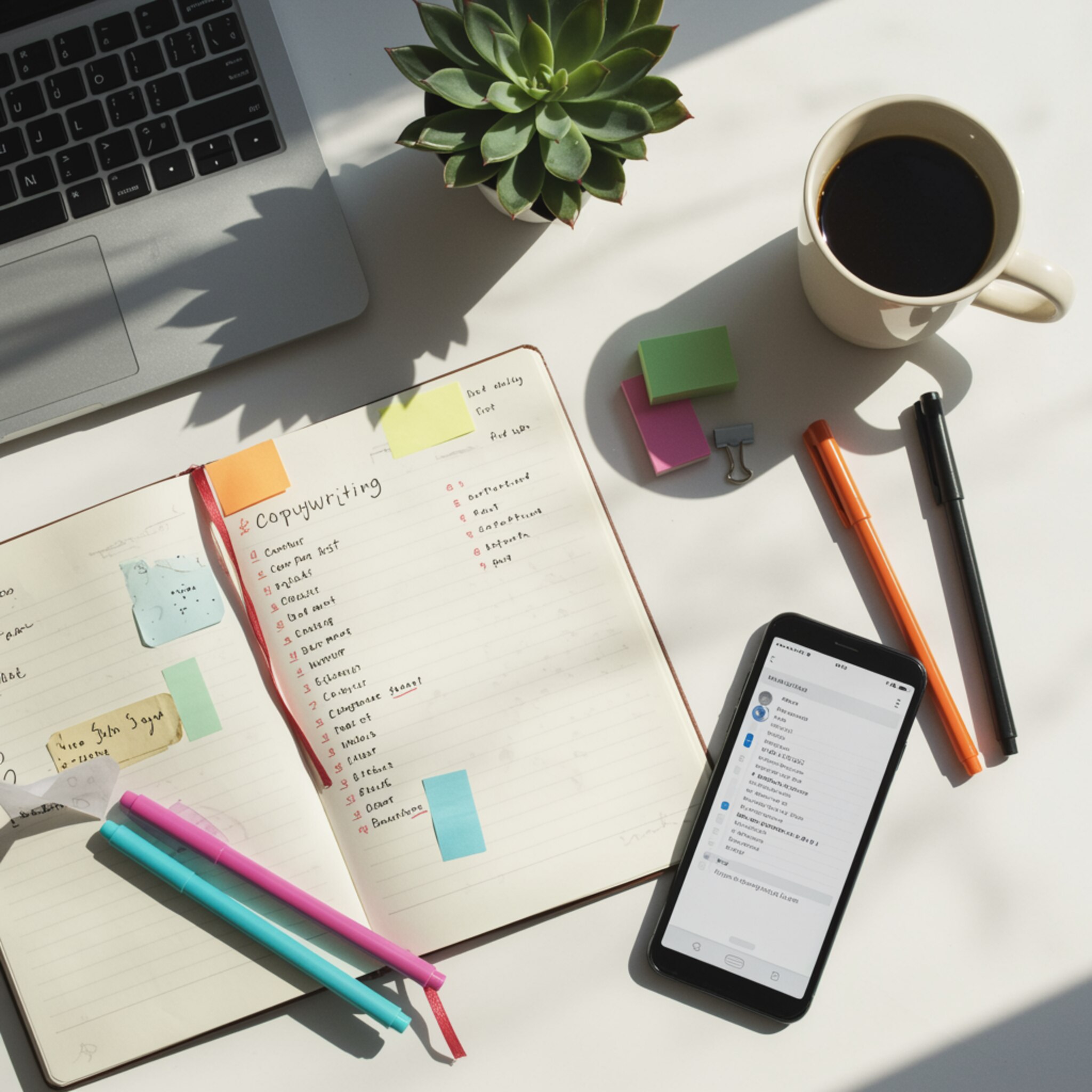 "Flat lay creativo de herramientas de copywriting con cuaderno abierto, bolígrafos coloridos, smartphone con borrador de email, taza de café y suculenta en un escritorio minimalista."