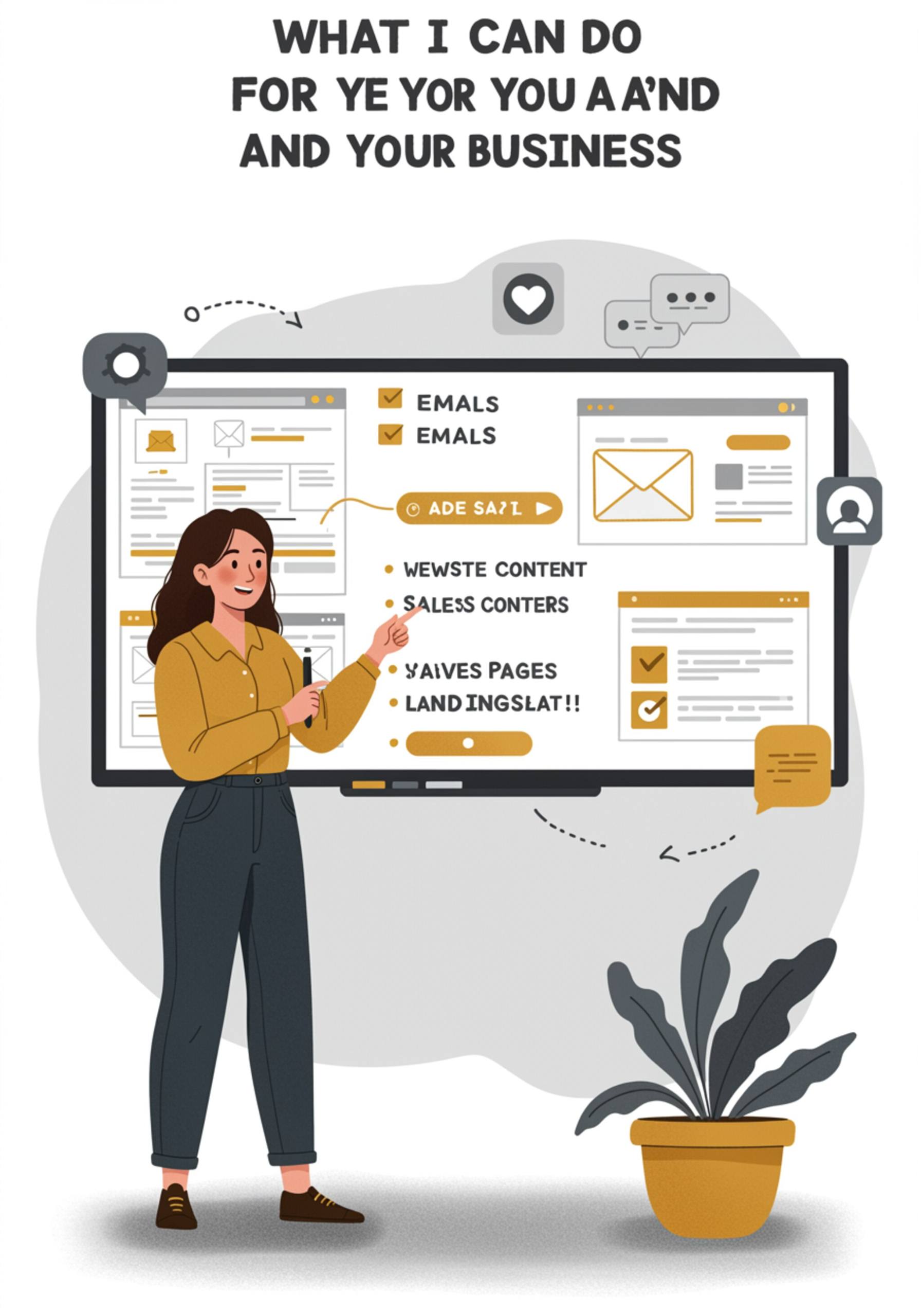 Texto alternativo SEO: "Ilustración vectorial de una copywriter presentando servicios de redacción para negocios, con un panel digital que muestra plantillas de emails y páginas web en un estilo profesional y creativo."