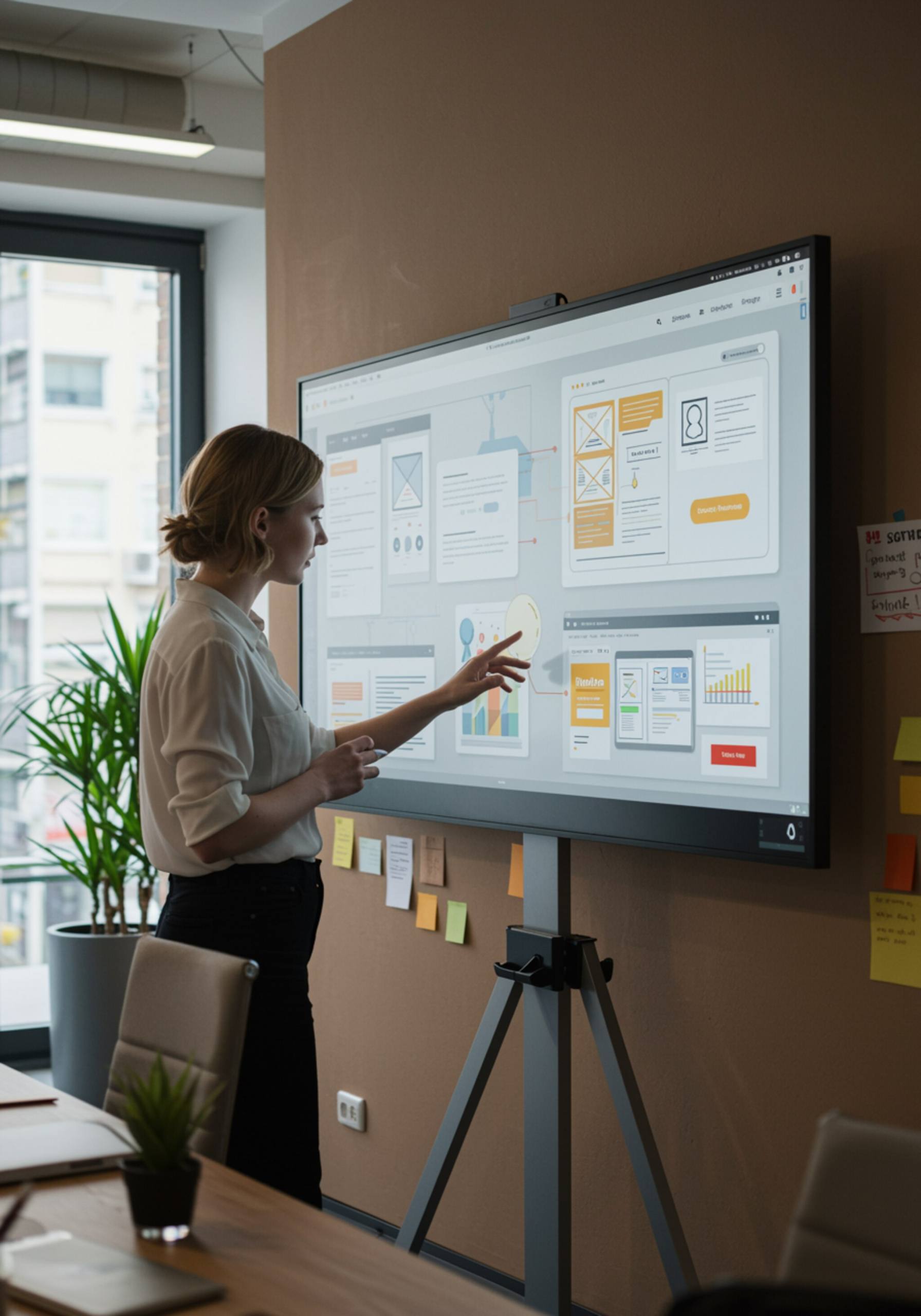 "Oficina colaborativa con cliente femenina y copywriter masculino interactuando en pantalla táctil, mostrando wireframes de campañas digitales y un ambiente moderno y acogedor."