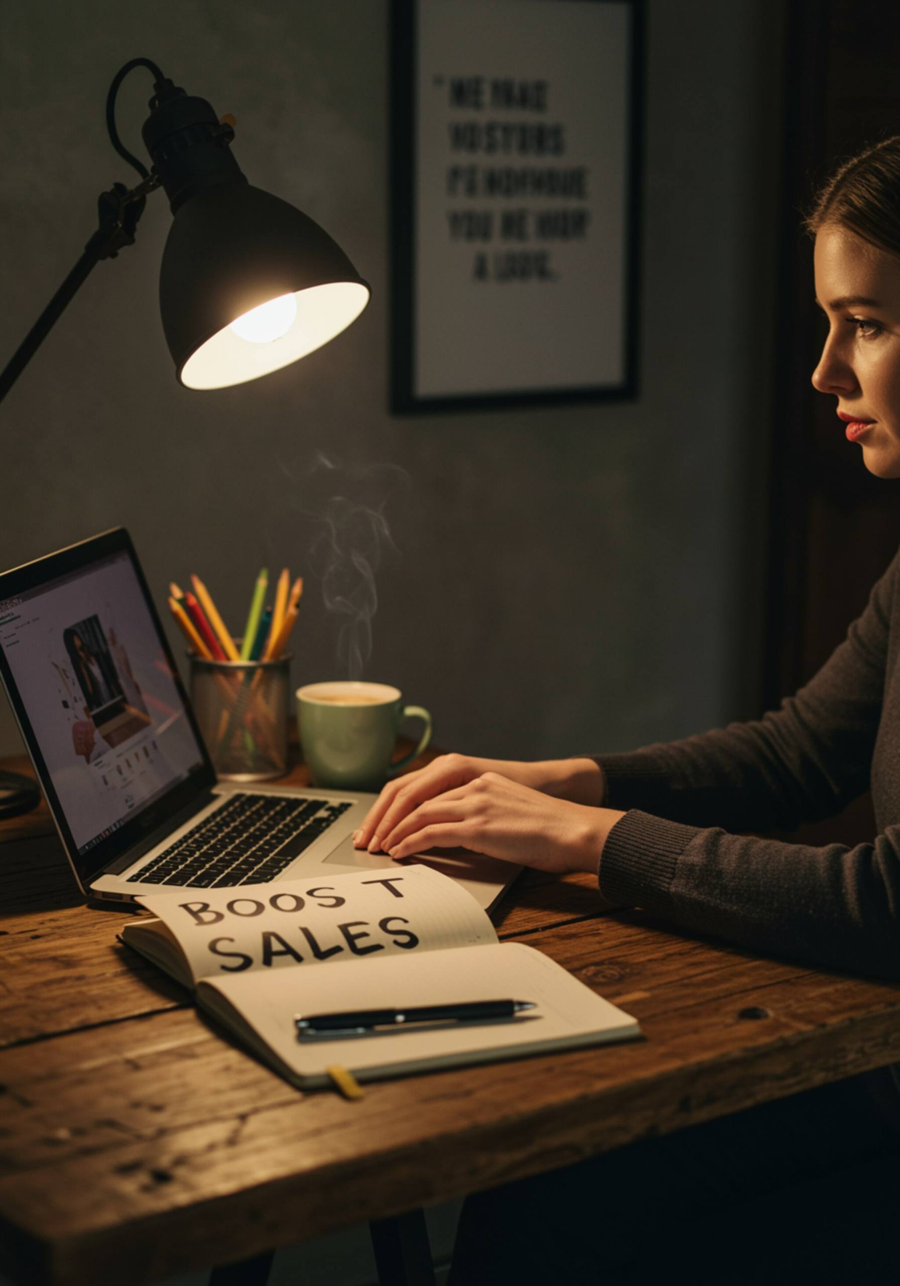 "Espacio de trabajo inspirador con una copywriter blanca tecleando en un laptop, rodeada de un ambiente cálido y motivacional, ideal para aumentar ventas."