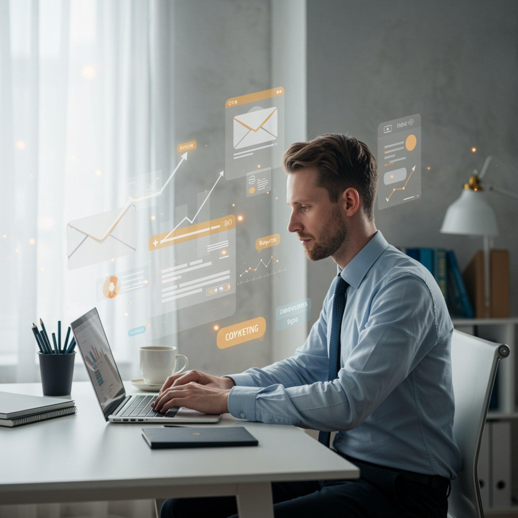 "Imagen de un copywriter profesional en un escritorio moderno, escribiendo en su laptop, rodeado de gráficos de crecimiento y símbolos de marketing que representan ventas efectivas y comunicación clara."